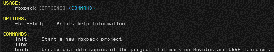 Help command output for rbxpack, listing the possible commands: build, link, and init.