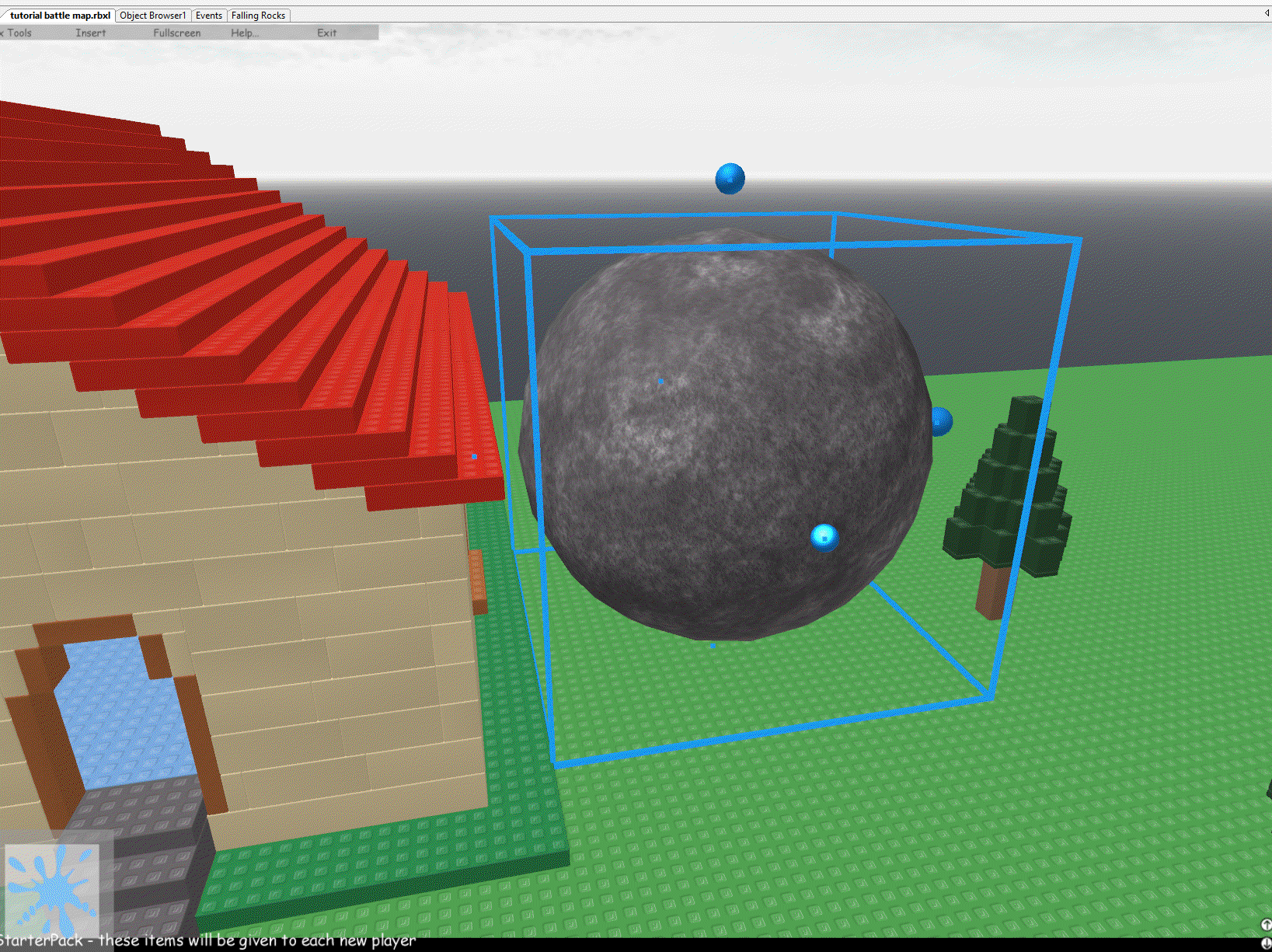 Studio screenshot of a giant gray sphere with a slate texture being selected and placed next to the house. It&rsquo;s almost as big as the house.